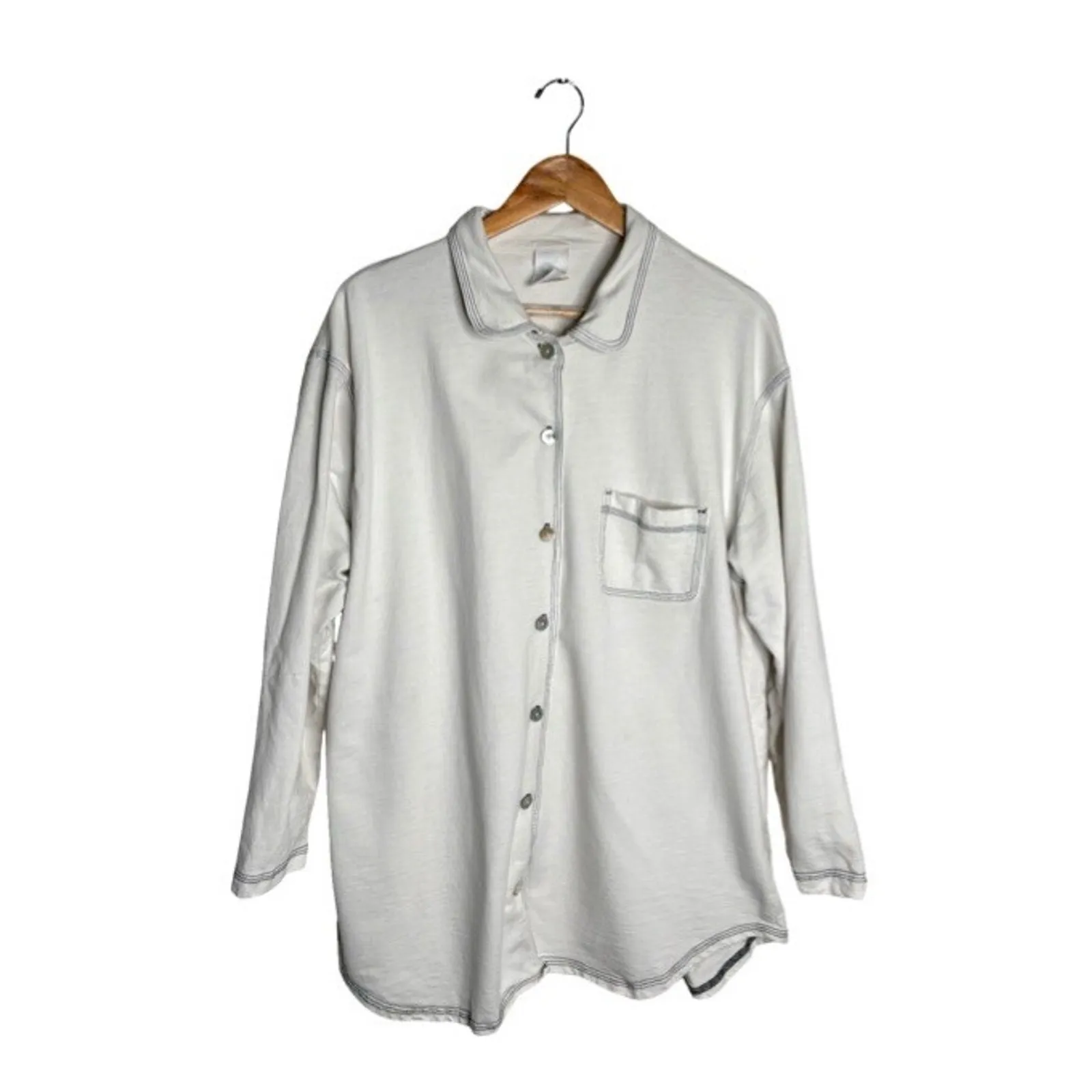 Hot Cotton Button Up Tunic Light Blue Size Large Pocket Abalone Shell Buttons - Image 2