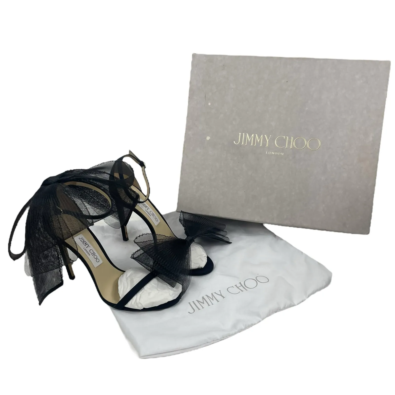 Jimmy Choo Aveline 100 Black Sandal Grosgrain Mesh Fasincator Bow Size 39 - Image 13