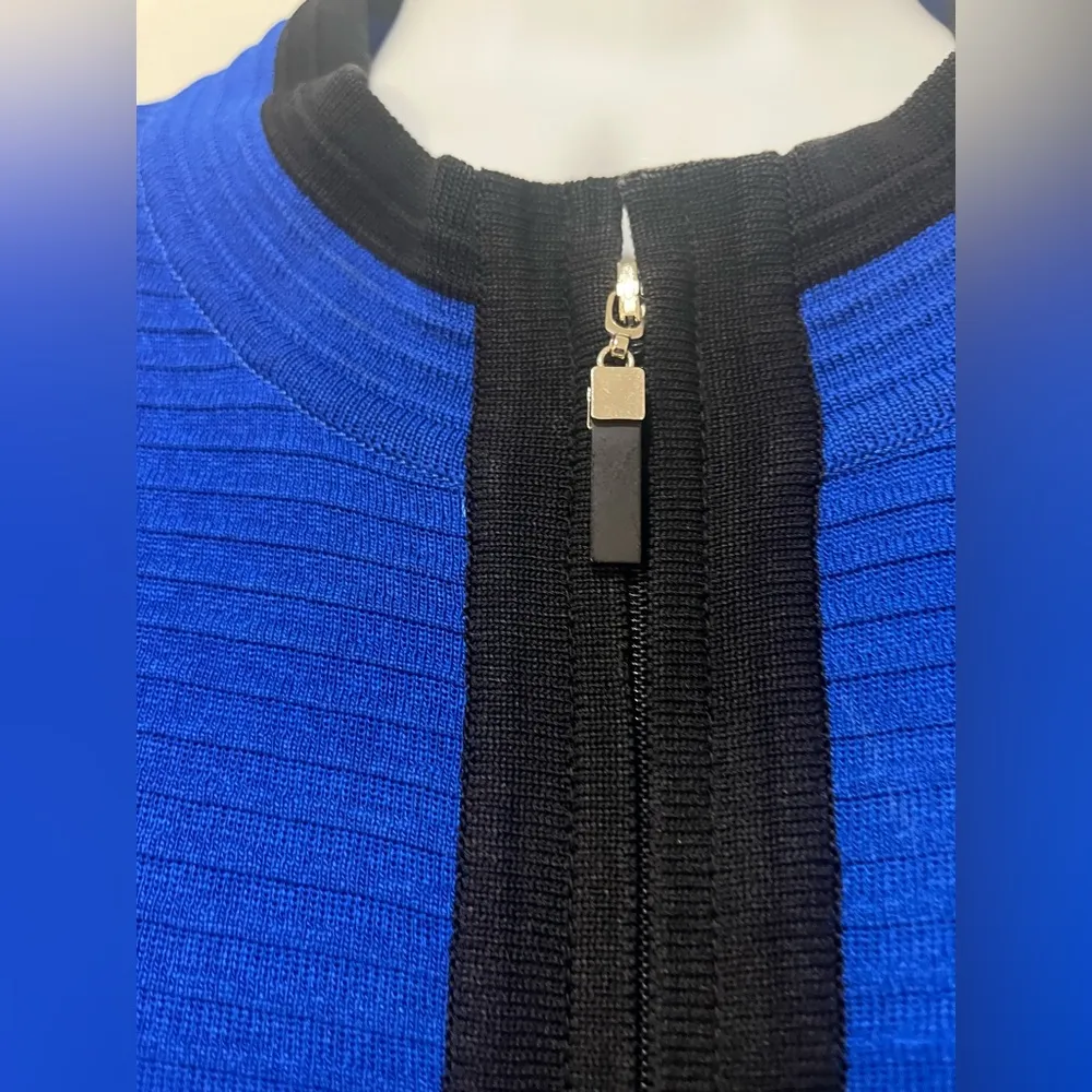 Exclusively Misook Royal Blue Rib Knit Zip Up Cardigan with Black Trim - Image 5