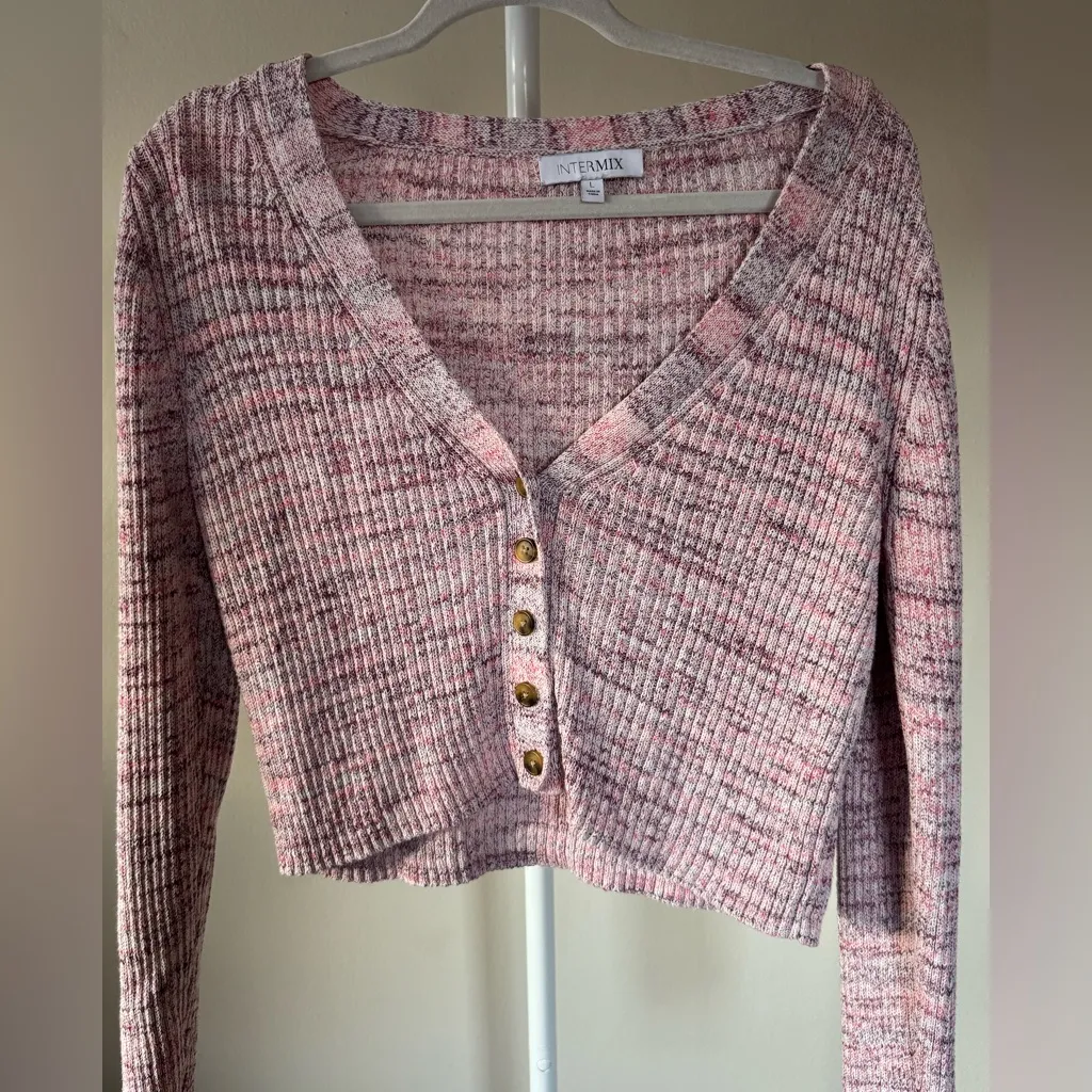 INTERMIX Multicolor Ribbed Knit Sweater Button Up 100% Cotton - L - Image 4