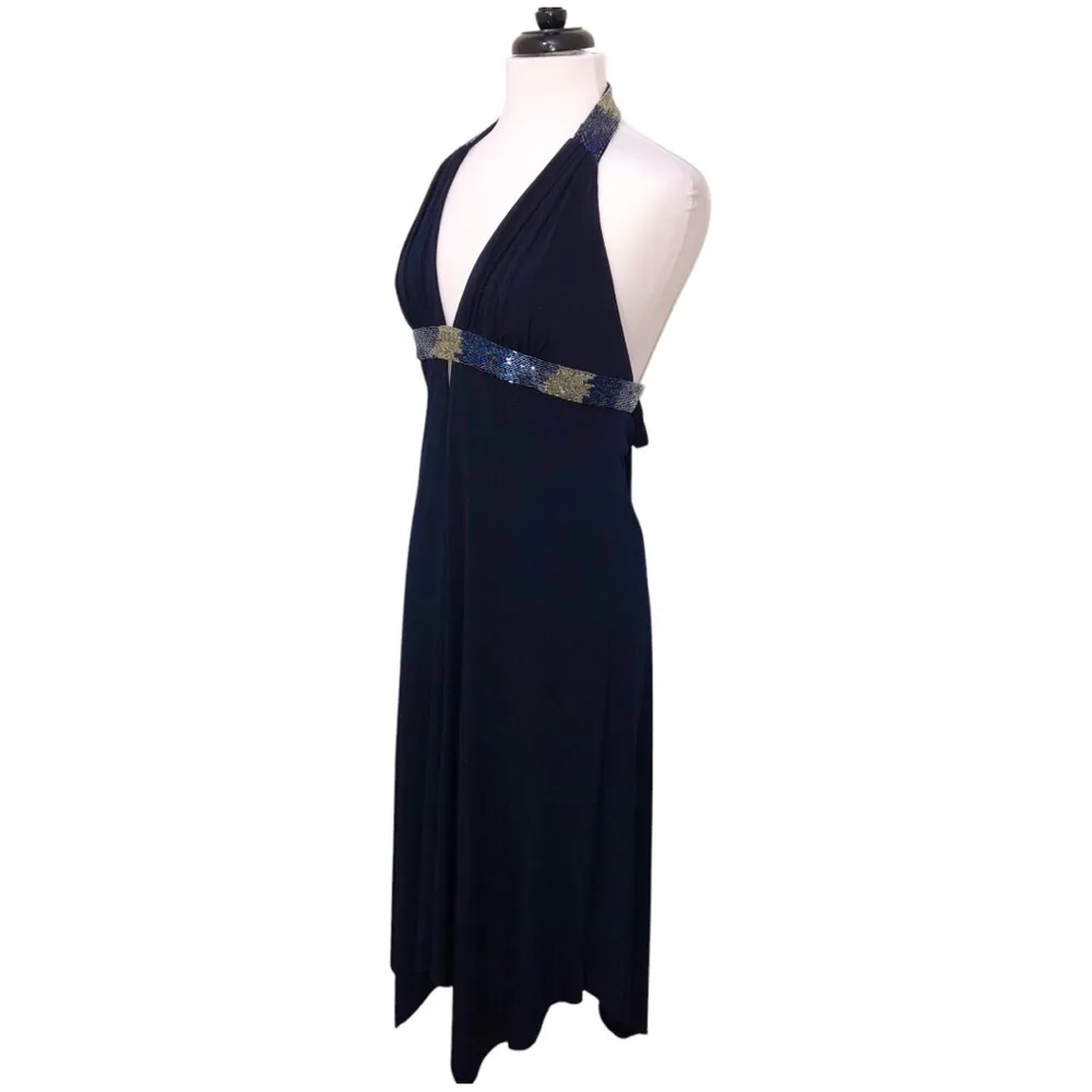 Cache Midnight Blue Beaded Halter Handkerchief Hem Dress 12 EUC - Image 3
