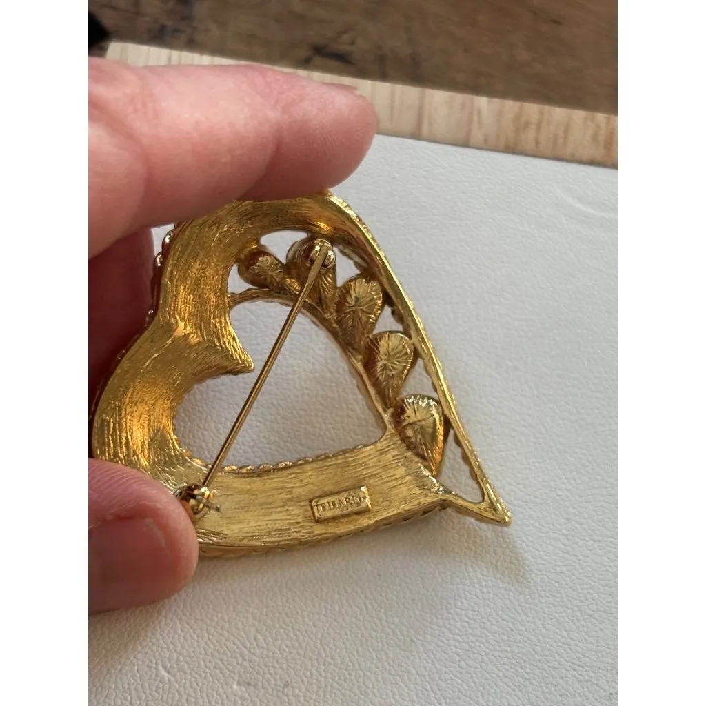 Vintage Trifani Gold Tone Heart Brooch With Pink & Iridescent Accents Floral De - Image 3