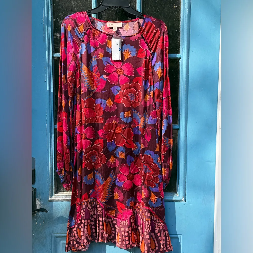 Philosophy Red and Purple Floral Long Sleeve Dress Silky Feel Button Detail NWT - Image 8