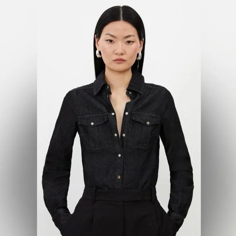 Karen Millen US Size 8 Denim Pocket Detail Relaxed Snap Front Jean Shirt Black - Image 3