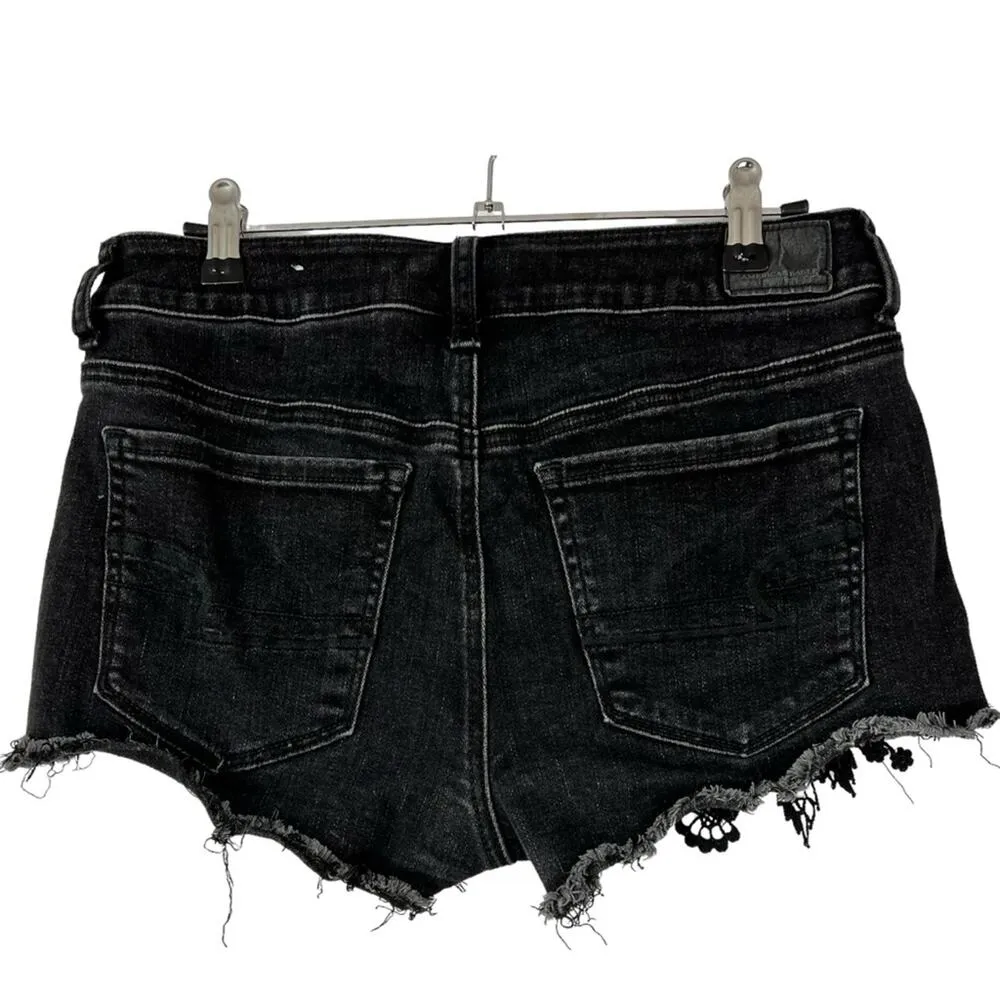 American Eagle Hi Rise Shortie Super Super Stretch X Black Crochet Detail Size 8 - Image 4