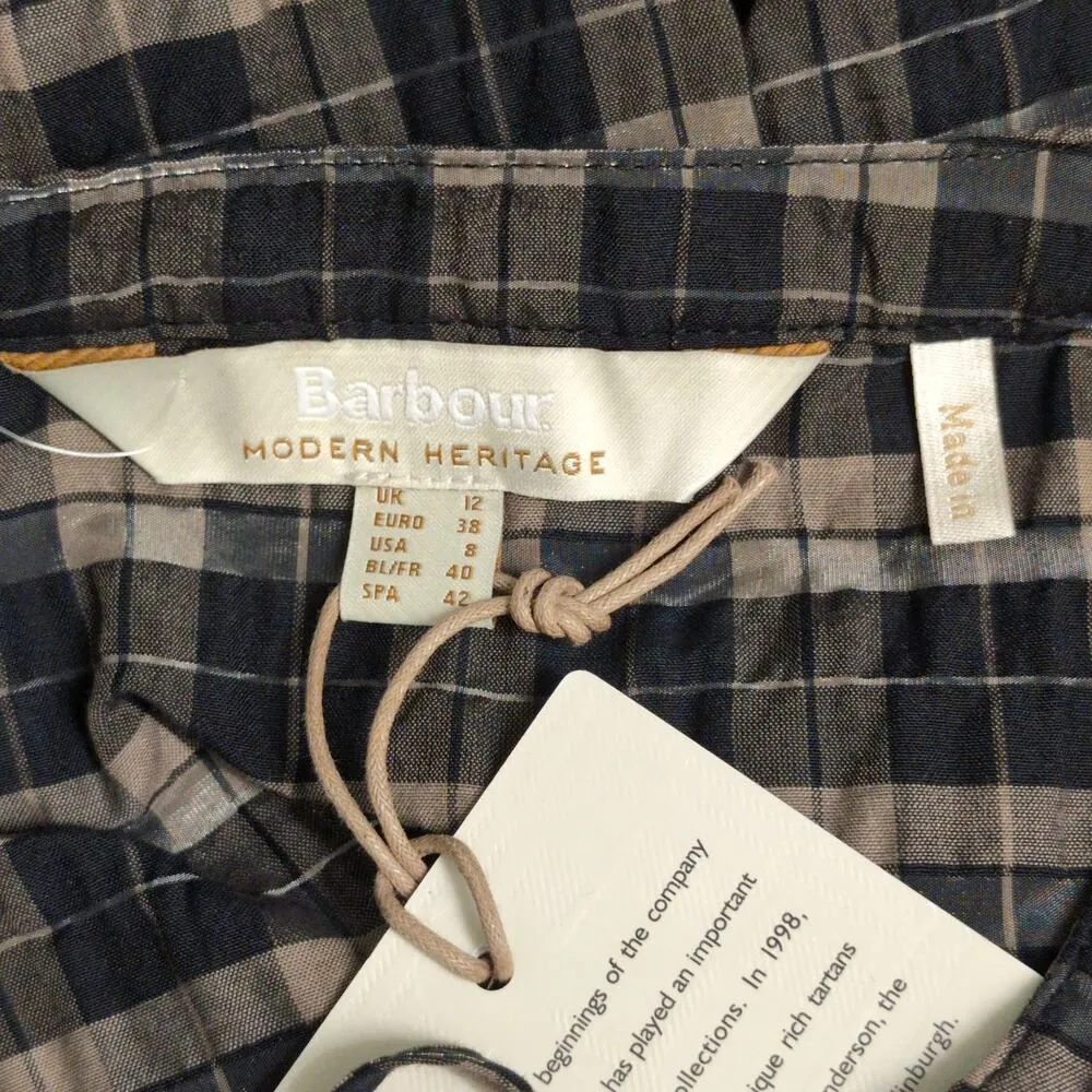 Barbour Lorelie Top Praline Plaid V-neck Seersucker Puff Sleeves 8 New - Image 7