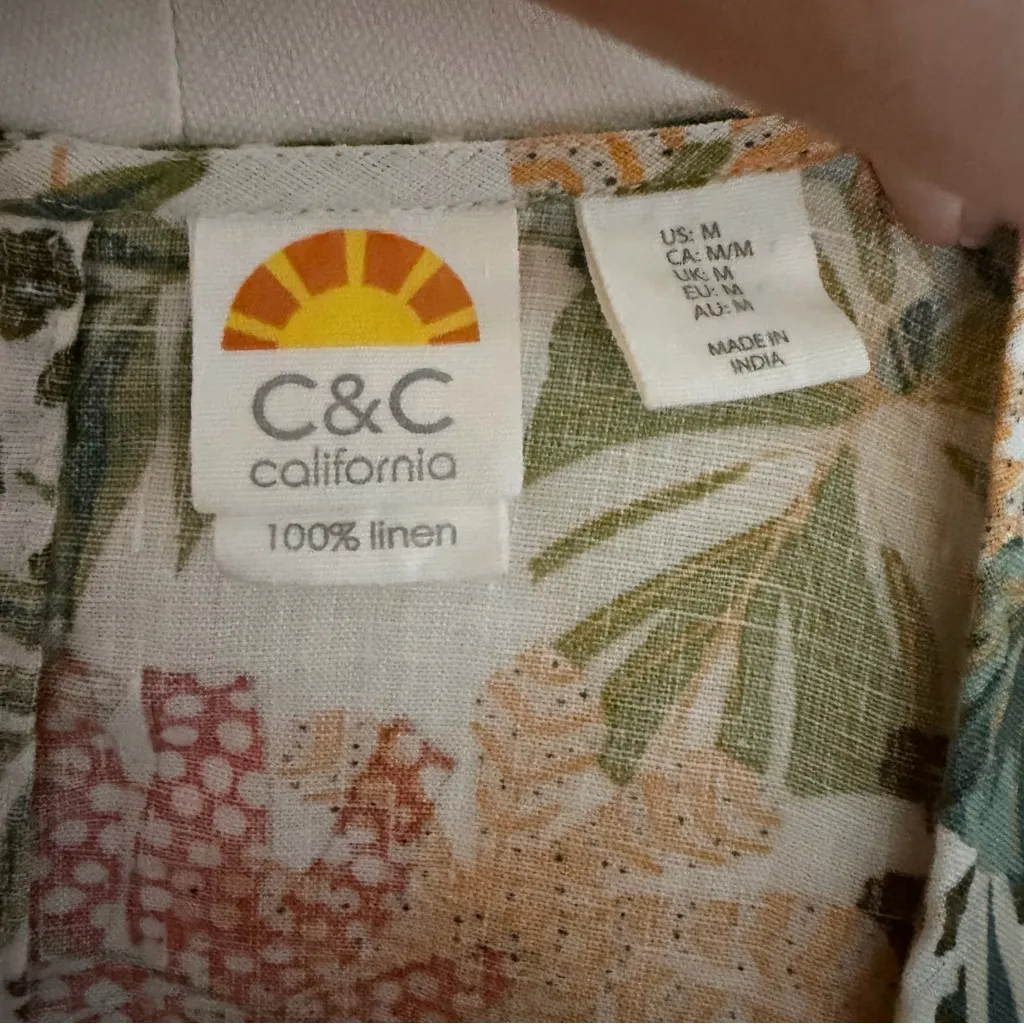 C&C California Dress 100% Linen Flutter Ruffle Sleeve Botanical Tropical Palms - Image 9