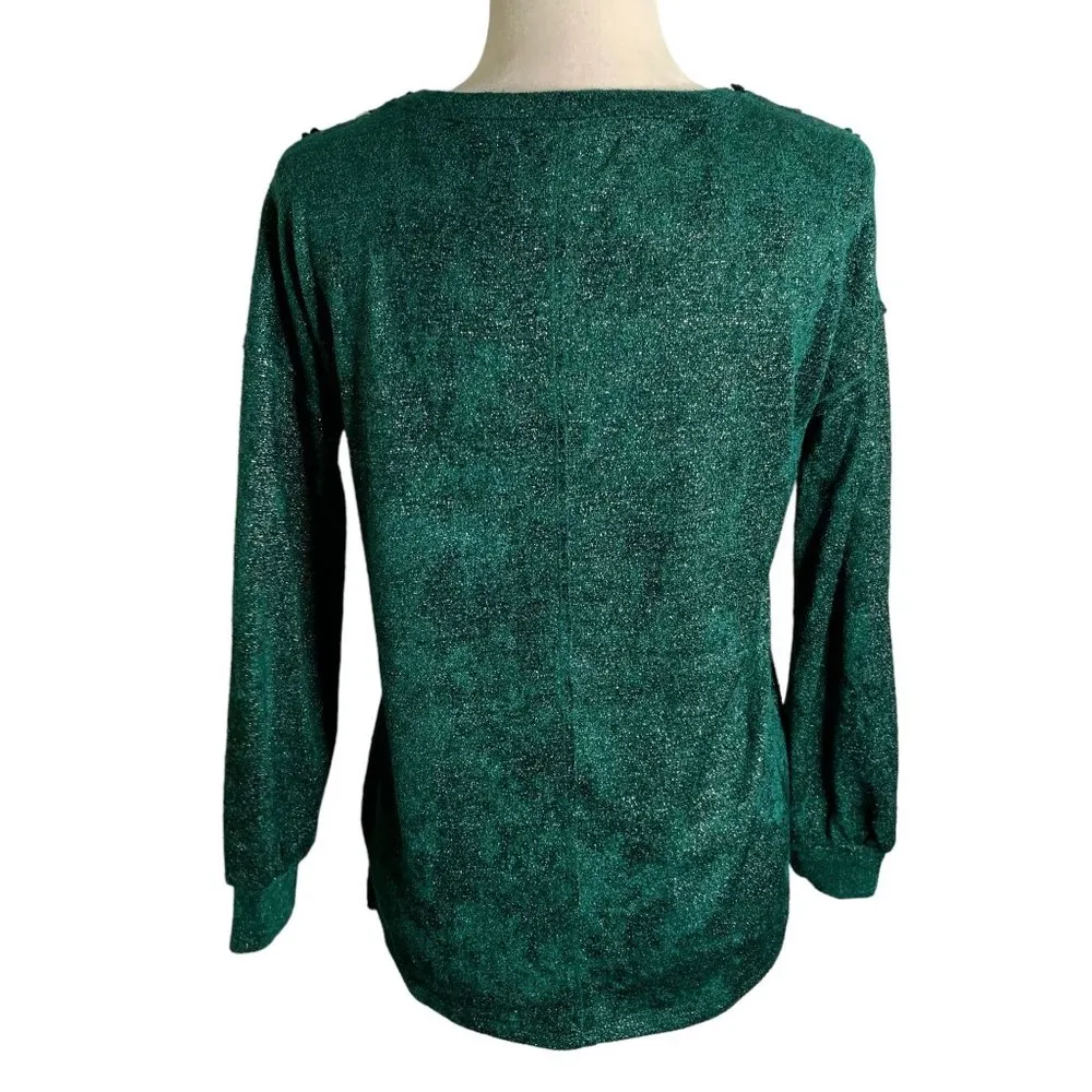 Maurices Applique Cutout Pullover Sweater XS Green Metallic Silver Long Sleeves - Image 4
