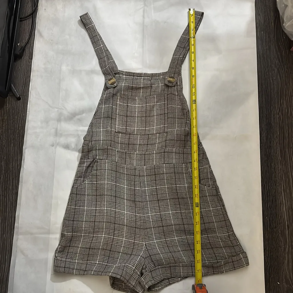 Plaid Romper Overalls Shortalls M Dark Light Academia Preppy Casual Indie Print Brown Size M - Image 7