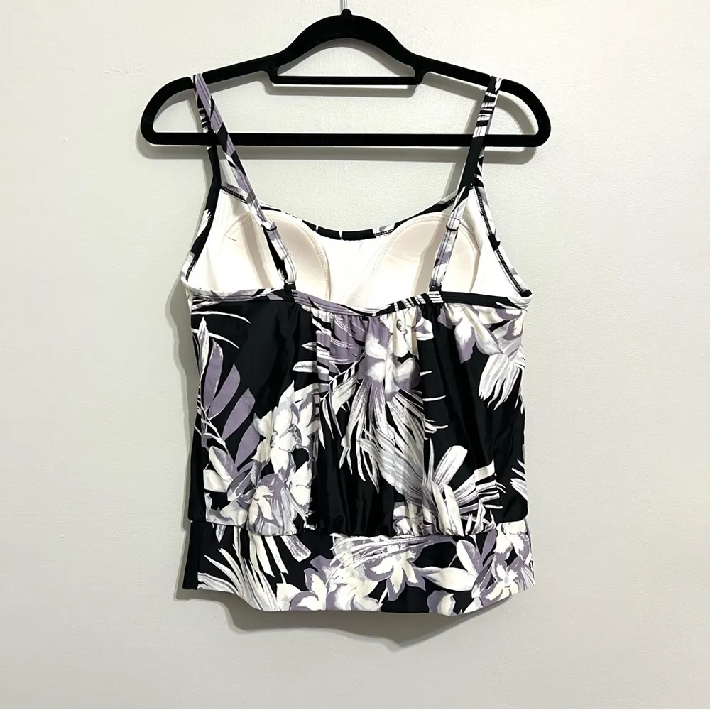 Kona Sol Blouson Tankini Top Black White Tropical Floral Pattern NWOT S - Image 4