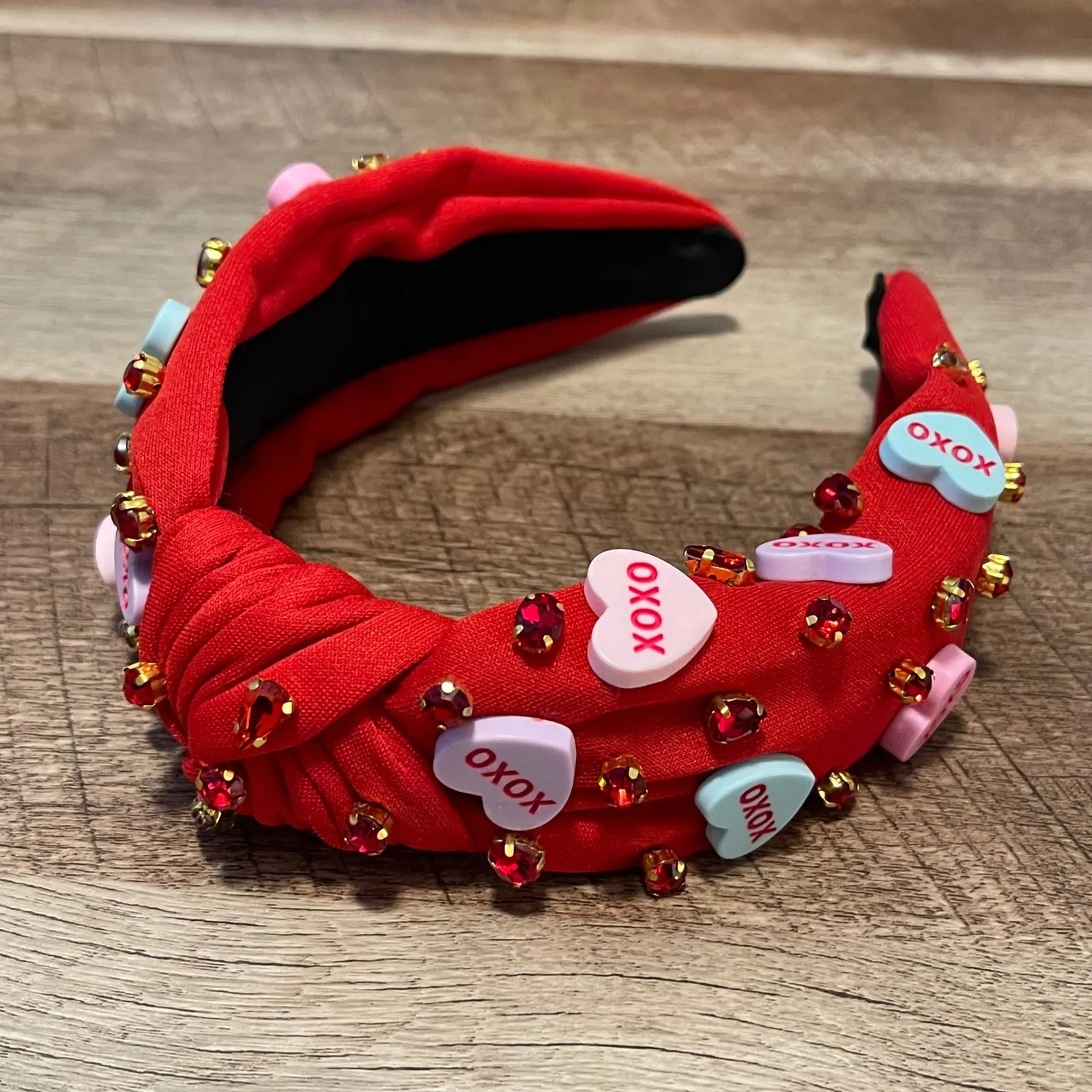 Red Knotted Headband with Conversation Heart Charms and Rhinestones Women Access - Image 4