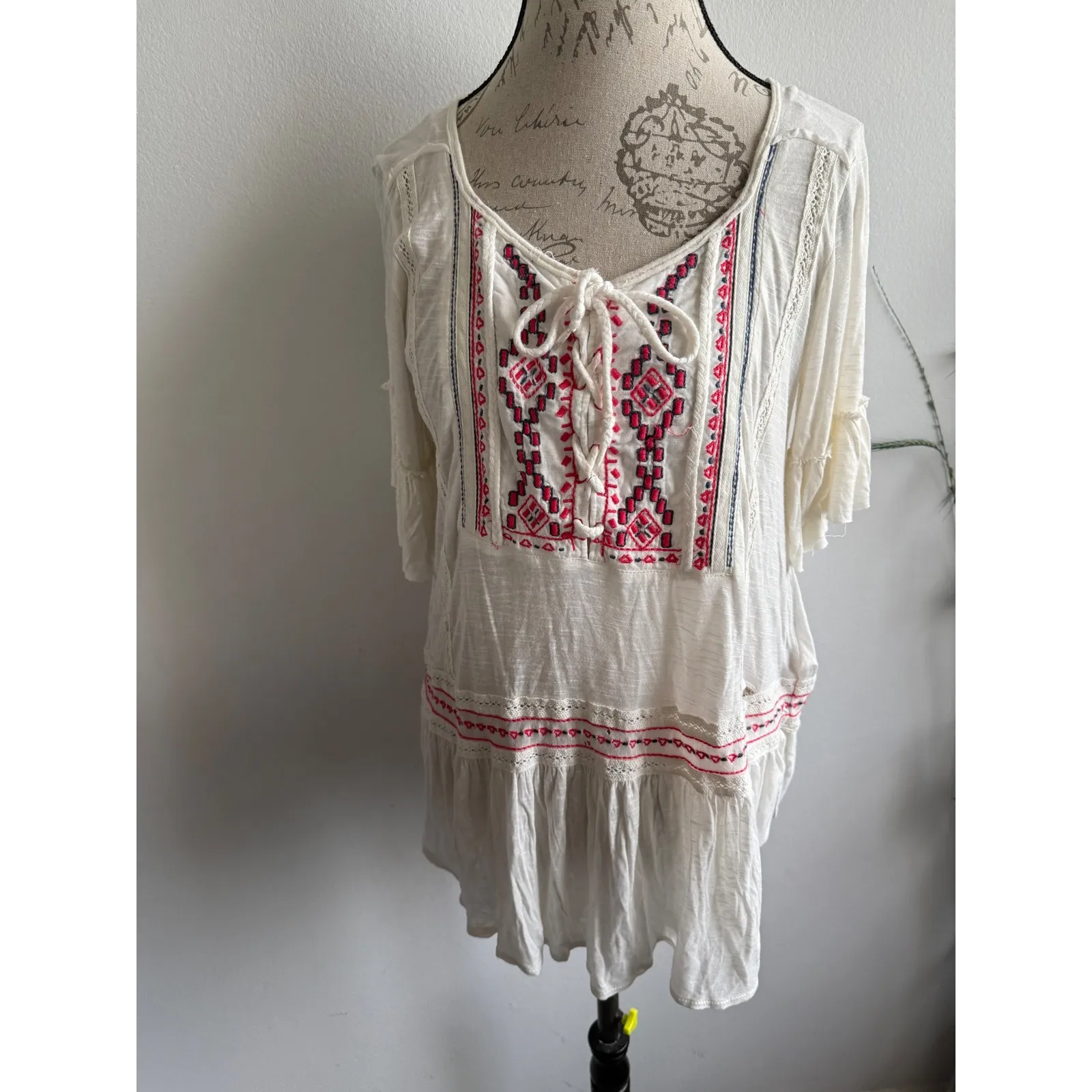Free People Cream‎ Embroidered Lace Up Tunic Top Bell Sleeve Boho - Image 2