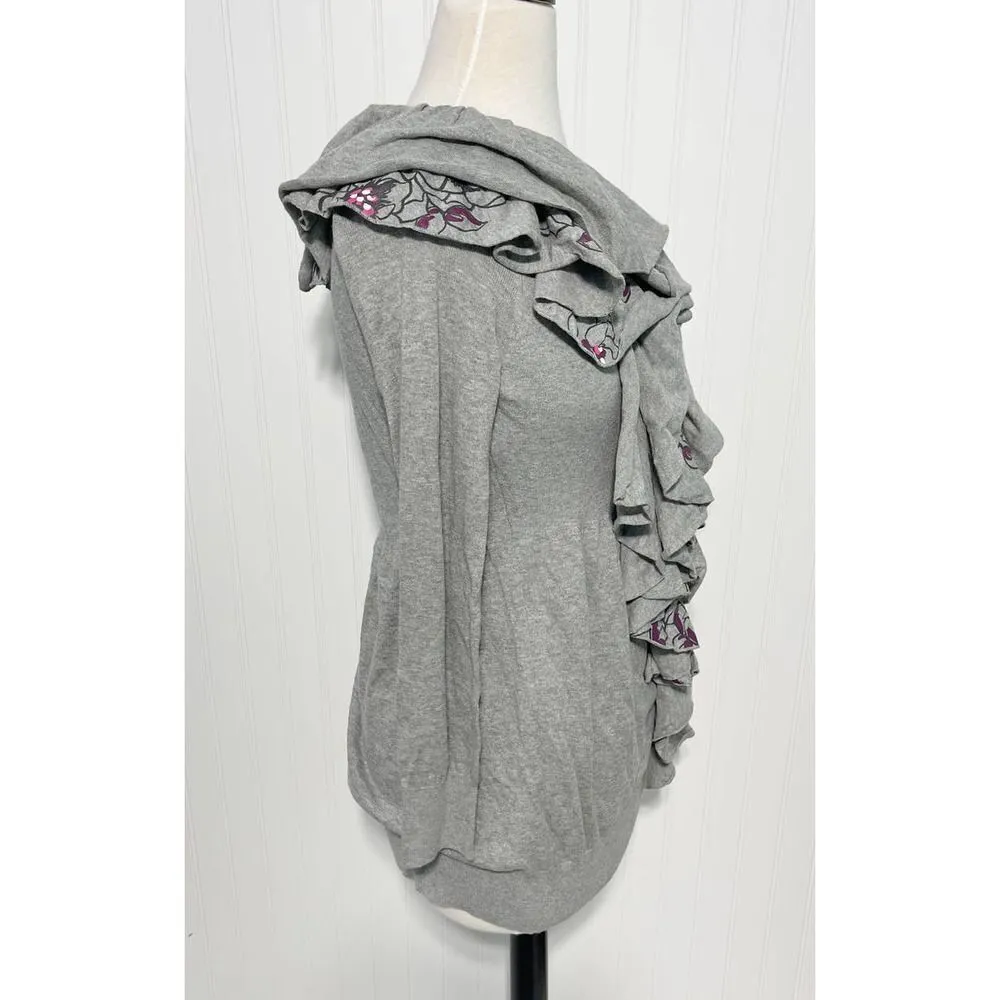 Anthropologie Moth Winter Lei Long Ruffle‎ Button Up Wool Cardigan Gray Medium Gray - Image 3