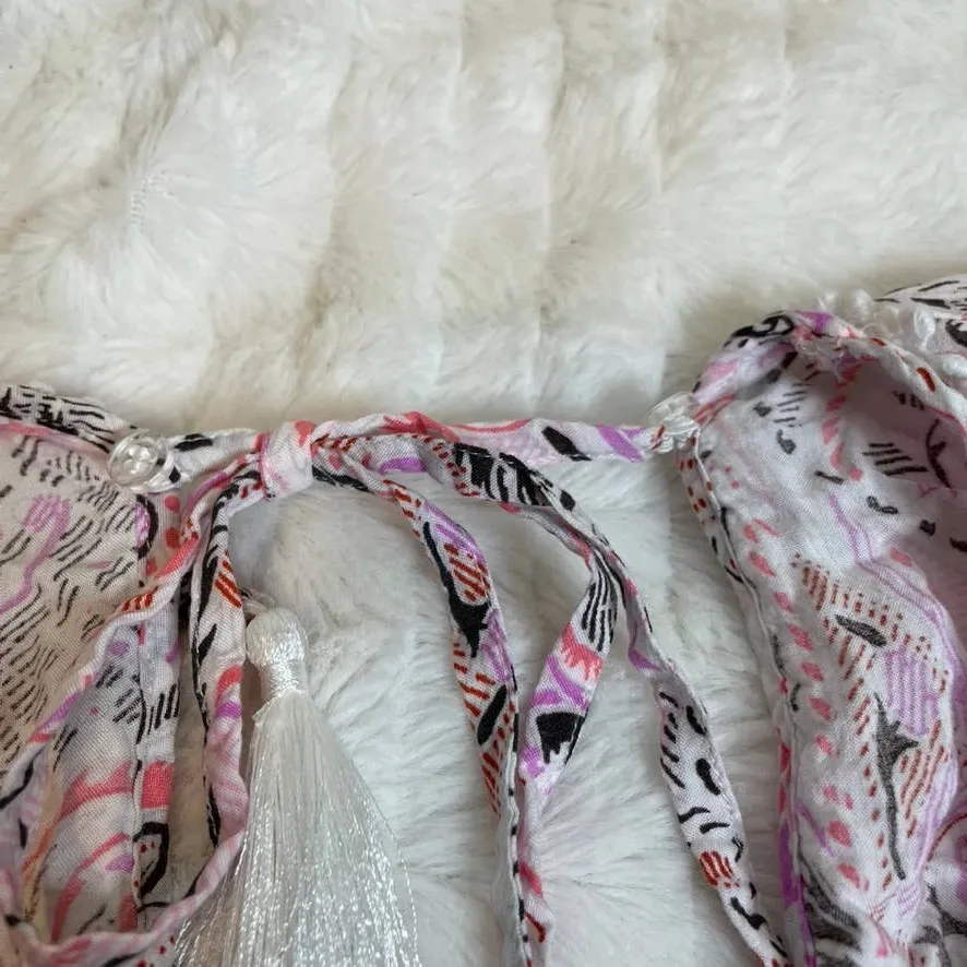 VICTORIAS SECRET Paisly V Neck Open Back Pink White‎ Tassel Cover Up Romper XS - Image 4