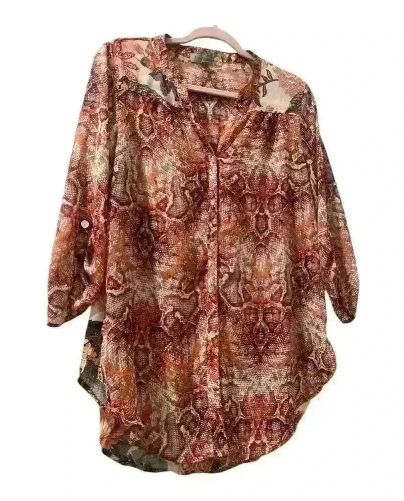 Anthropologie Fig & Flower Sheer Floral Button Up Shirt Blouse Top Size Large Red - Image 2