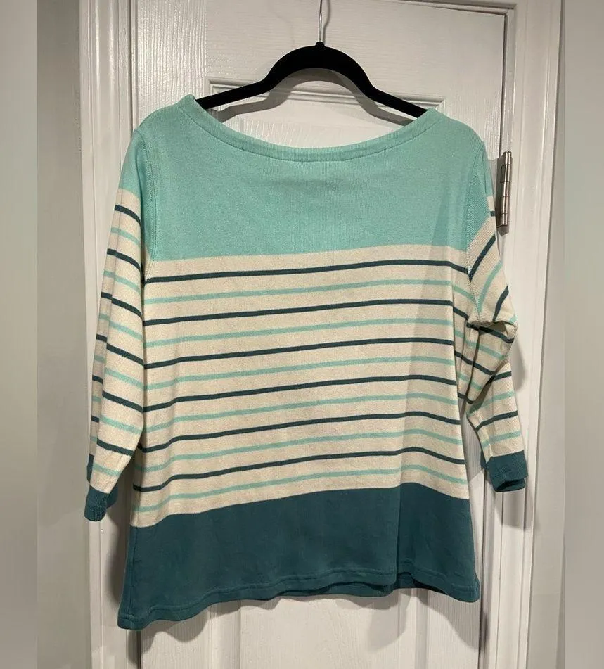 L.L. Bean Size LP Aquamarine Teal Stripe 3/4 Sleeve Knit Heritage Mariner Shirt Green - Image 6