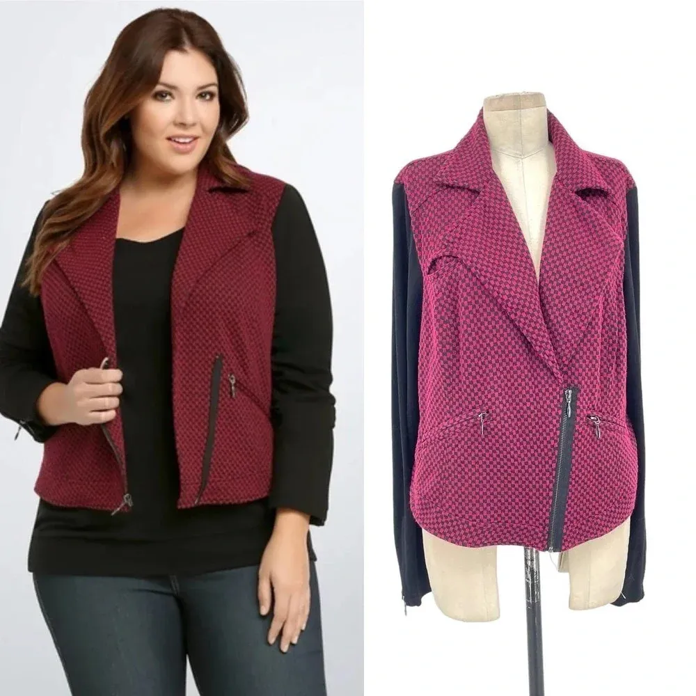 Torrid Black and Burgundy Pink Checkered‎ Blazer Knit Moto Jacket Plus Size 2X - Image 2