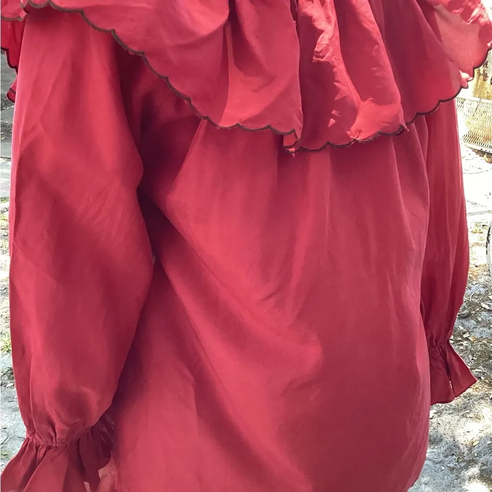 NWT Red Silk Ruffled Long Sleeve Blouse with Black Floral Embroidery (flaws) Size M - Image 7