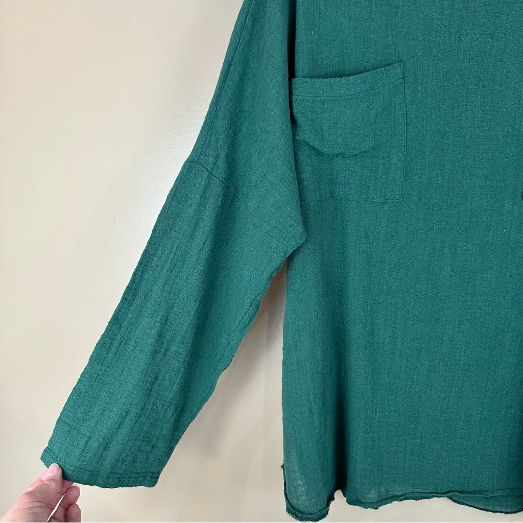 Green Cotton Gauze Long Sleeve Lightweight Pocket Front Top Tunic Large XL - Image 3