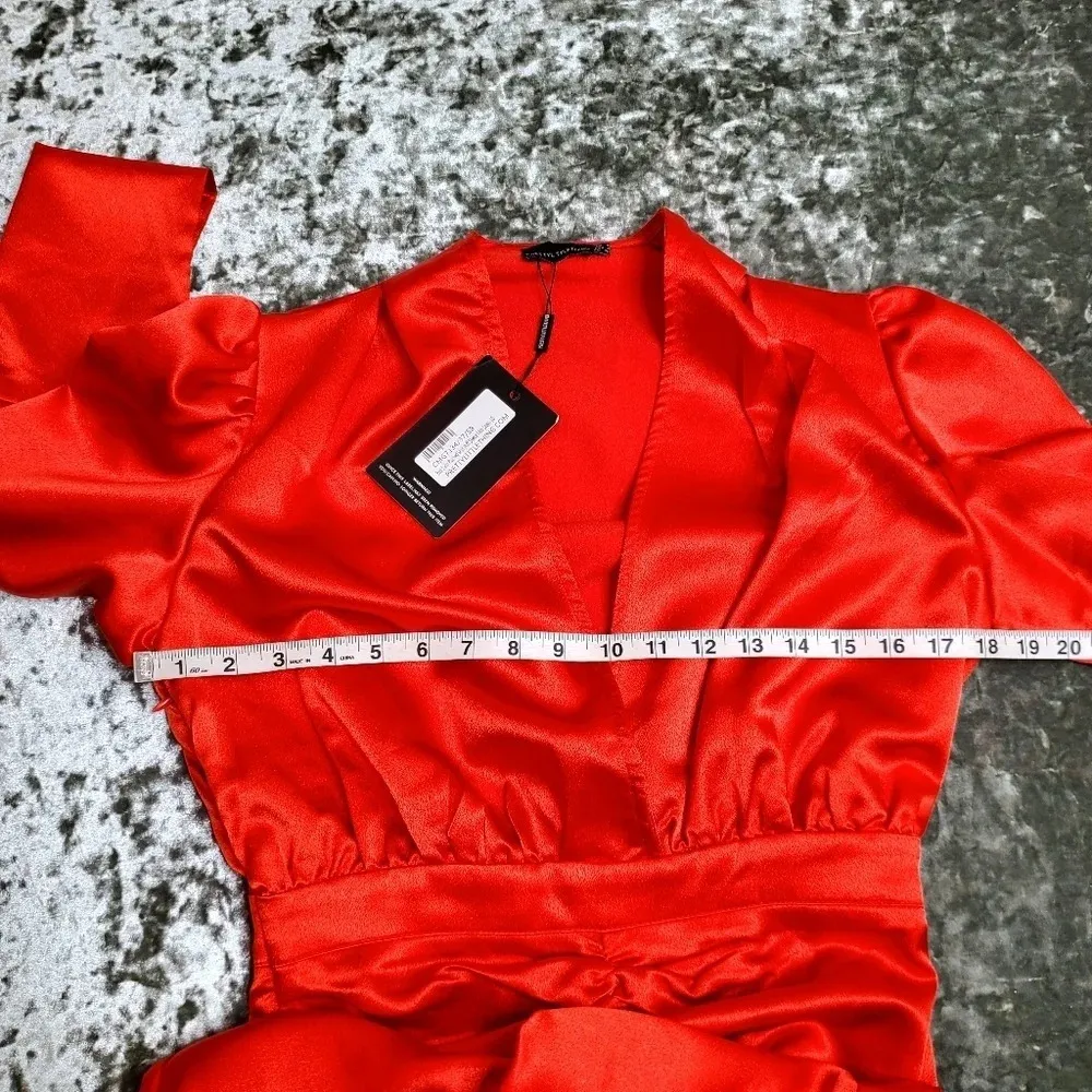 PrettyLittleThing Red Satin Ruched Skirt Puff Sleeve Midi Dress - Image 7