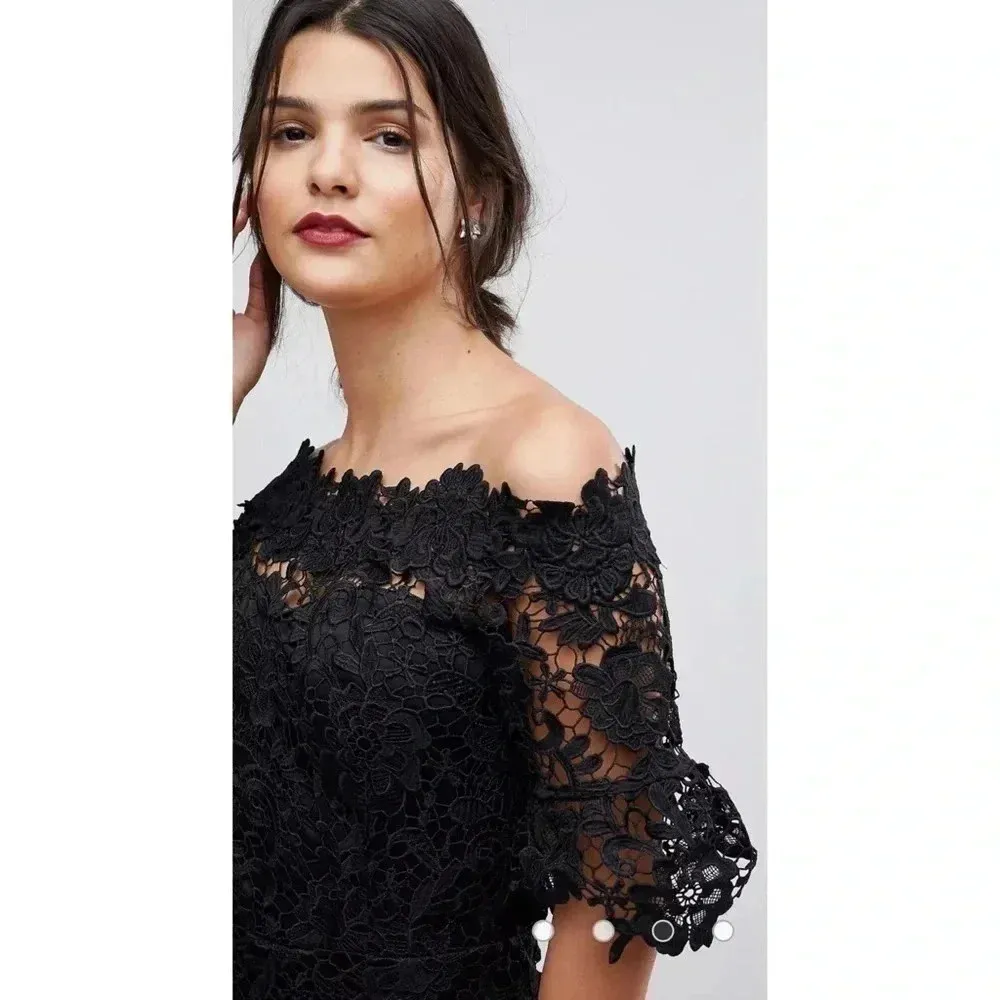 Paper Dolls London Black Off The Shoulder Frill Sleeve Crochet Lace Maxi Dress Size 6 - Image 3