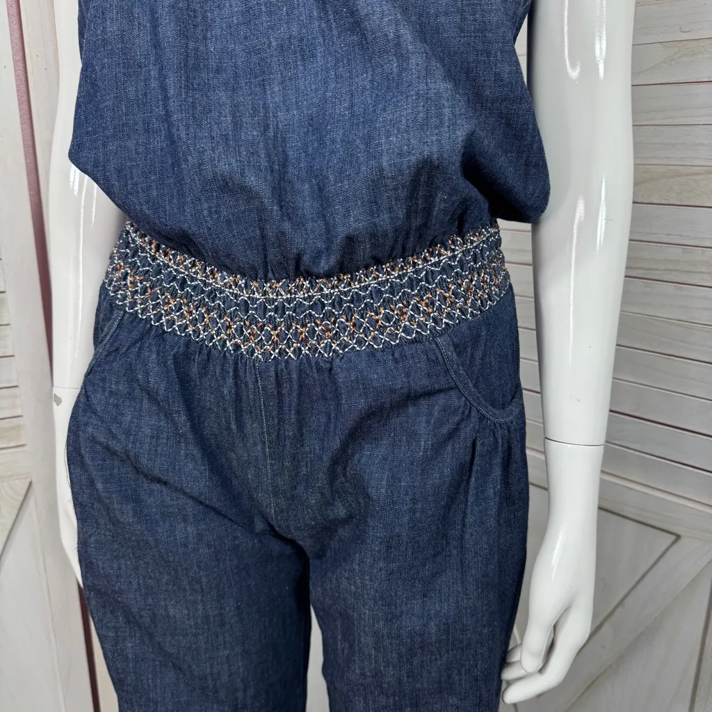 Poetry Boho Smocked Strapless Wide Leg Chambray Jumpsuit Denim Blue Small - Image 6