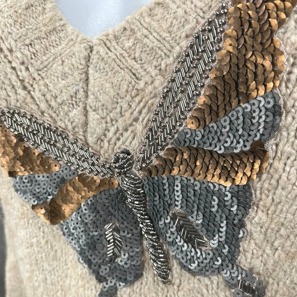 Zara Women's Tan Beige Alpaca Wool Knit Butterfly Sequin Beaded Sweater Top Sz M - Image 4