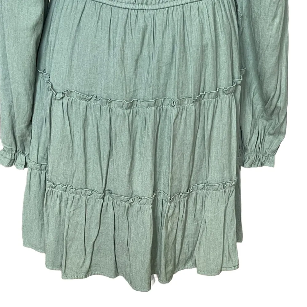 Trixxi Smocked Waist Ruffled Tiered Dress Women’s Size XL Green Long Sleeves - Image 7