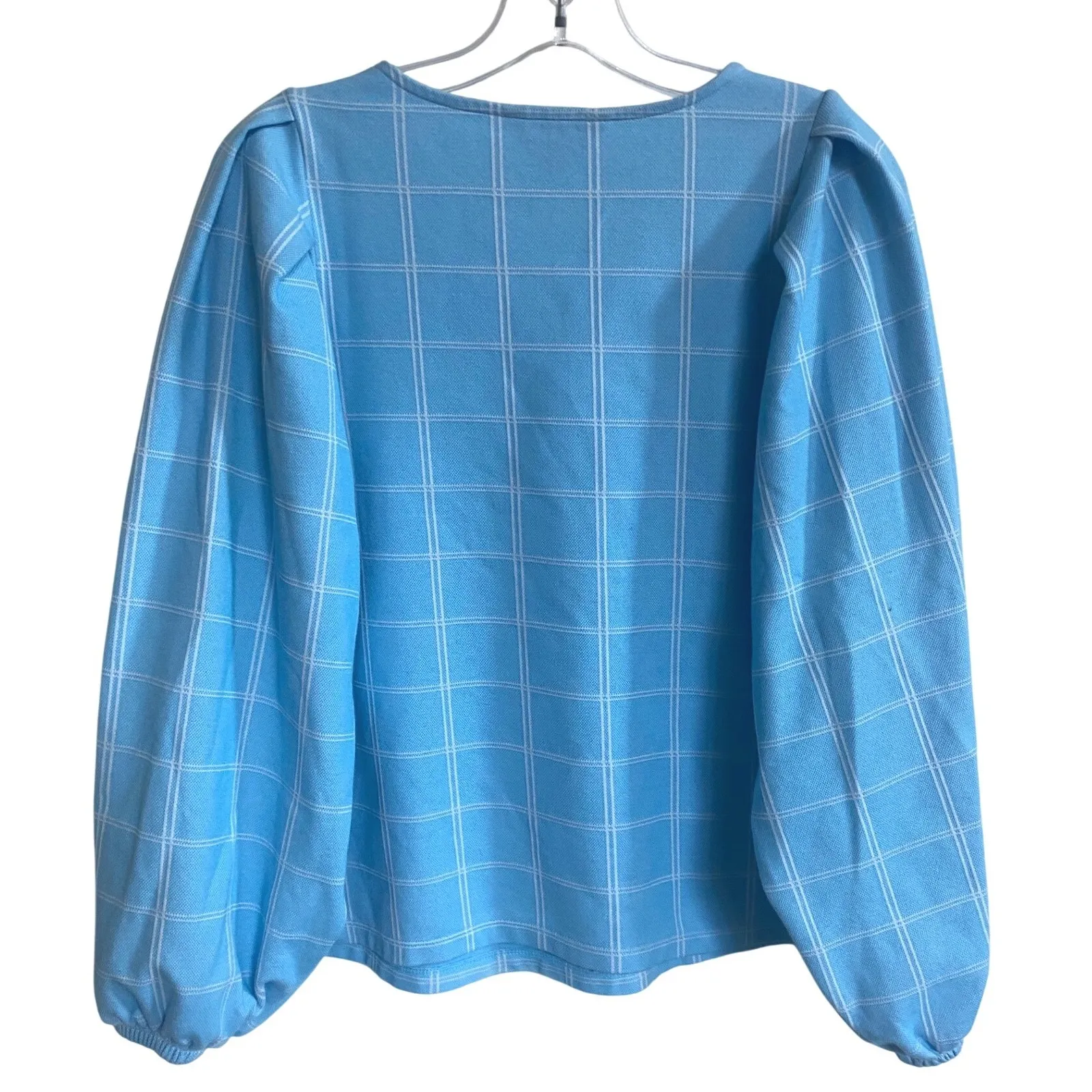 Blue Plaid Puff Sleeve Crew Neck Top Banana Republic Women's Size L EUC - Image 4