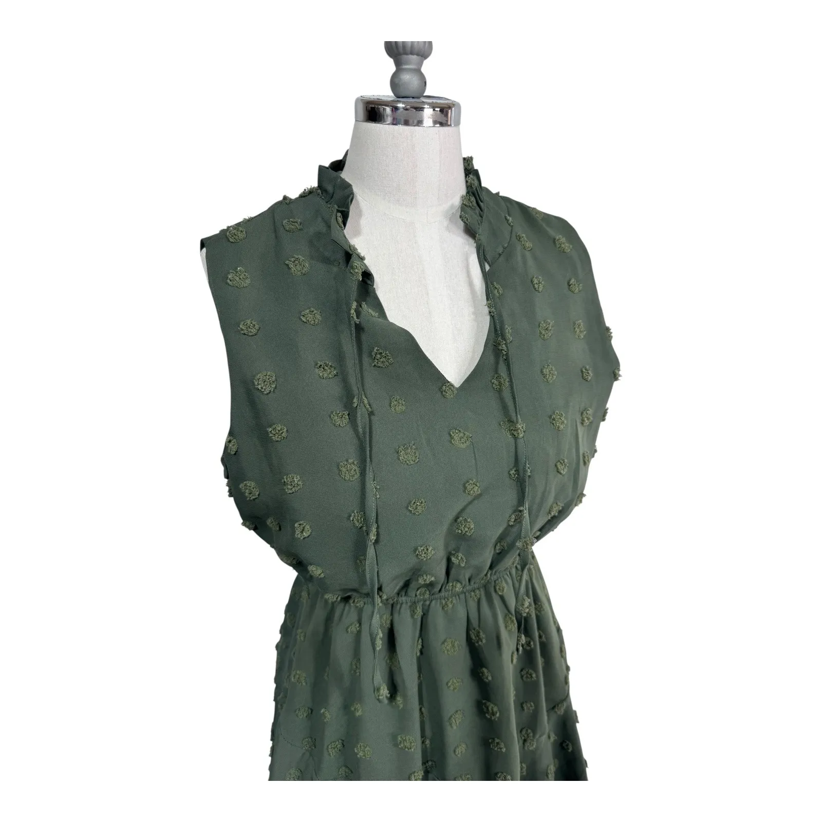 Simplee Swiss Dot Chiffon Ruffle Mini‎ Dress Army Green Sleeveless Women's Small - Image 3