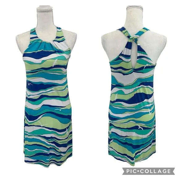 Tori Richard Honolulu Hawaii Wave Print Seagulls Blue Green Midi Dress Size XS - Image 2