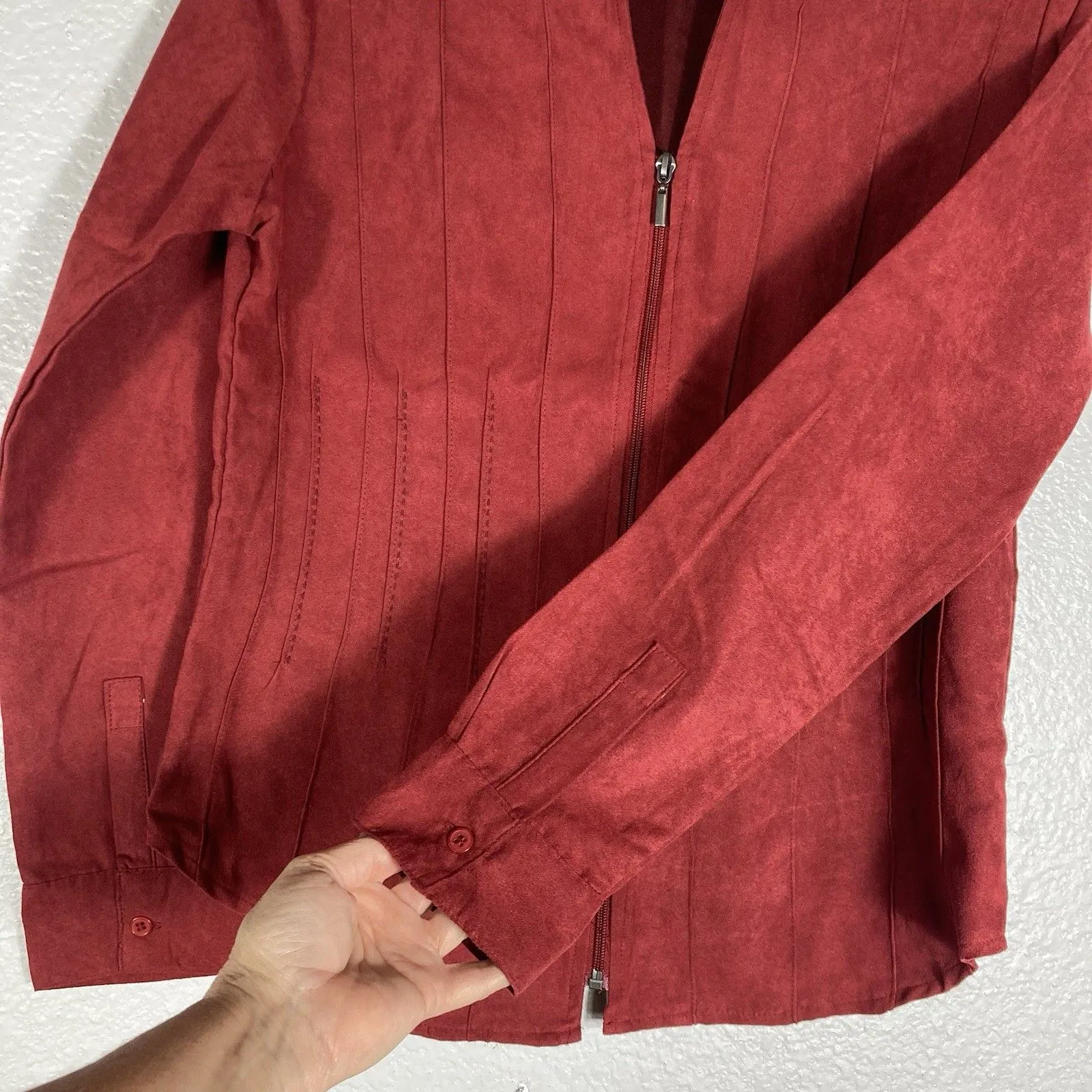 Rebecca Malone Womens Faux Suede Shirt Jacket S Zip Up Western Dark Red Ribbed - Image 4