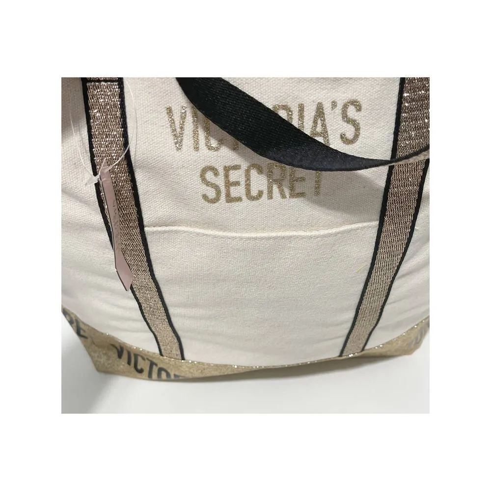 Victoria’s Secret Canvas Tote Structured Shoulder Bag‎ Gold Glitter Cream Color - Image 6