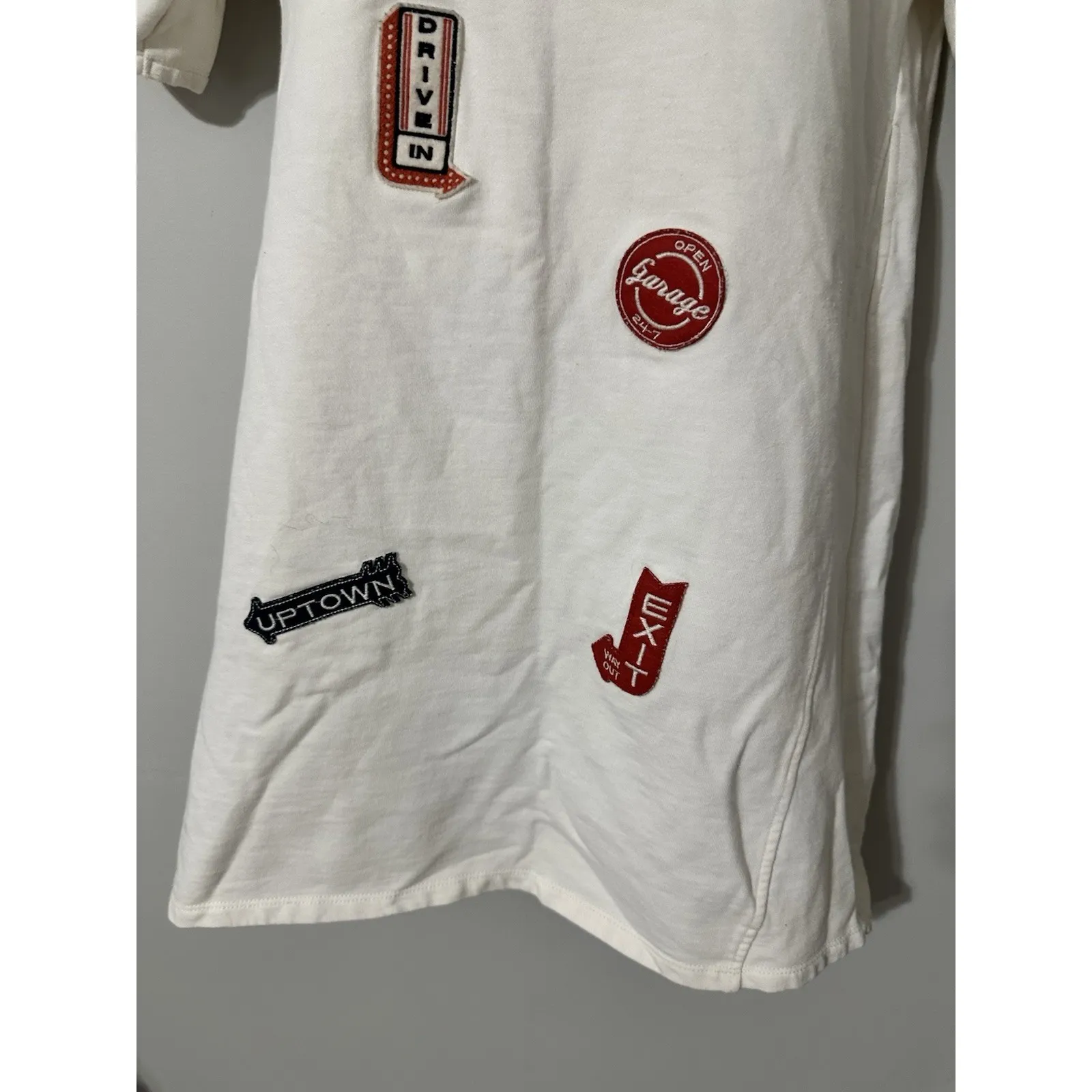 Zara Trafaluc Oversized Boxy Patch T-Shirt Dress Cream Retro Sign Patches Size S - Image 5