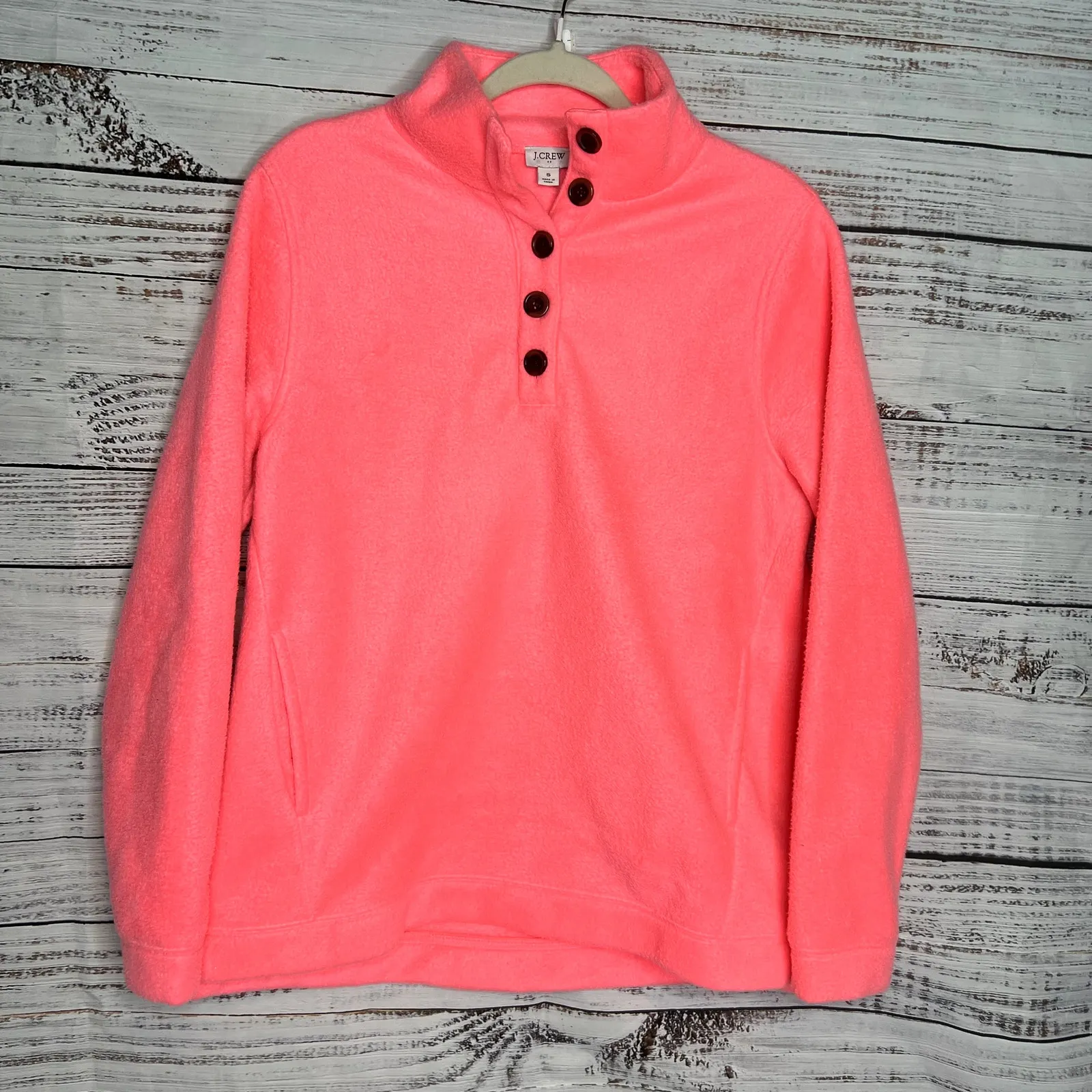 J.Crew Coral Pink Fleece Snap Pullover Sweatshirt Funnel Neck Sm - Image 2