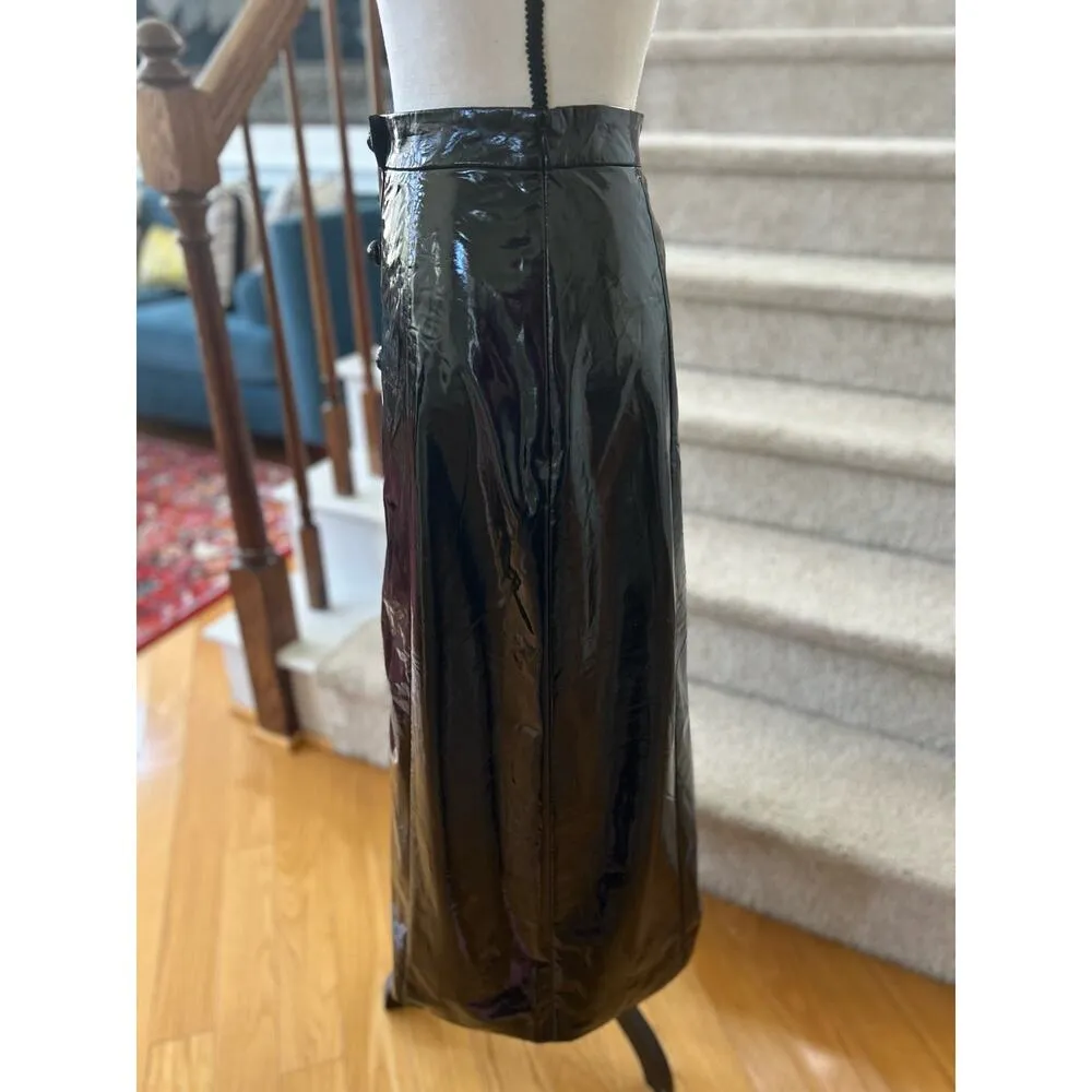 Rhode Remi Faux Patent Leather Button Front Midi Skirt Black Size 4 - Image 3