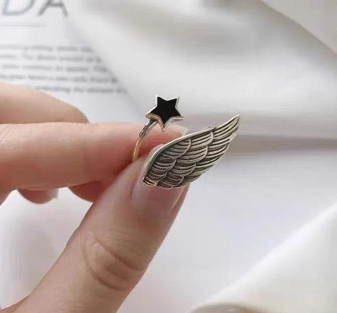 Unisex ring Sterling silver ring wing ring star ring adjustable ring stacking ring stackable ring - Image 2