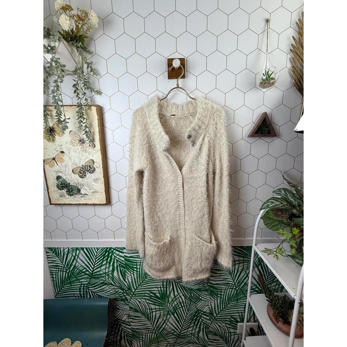 Free People Cream Fuzzy Sweater Open Cardigan Coat - Size - Medium - Image 4