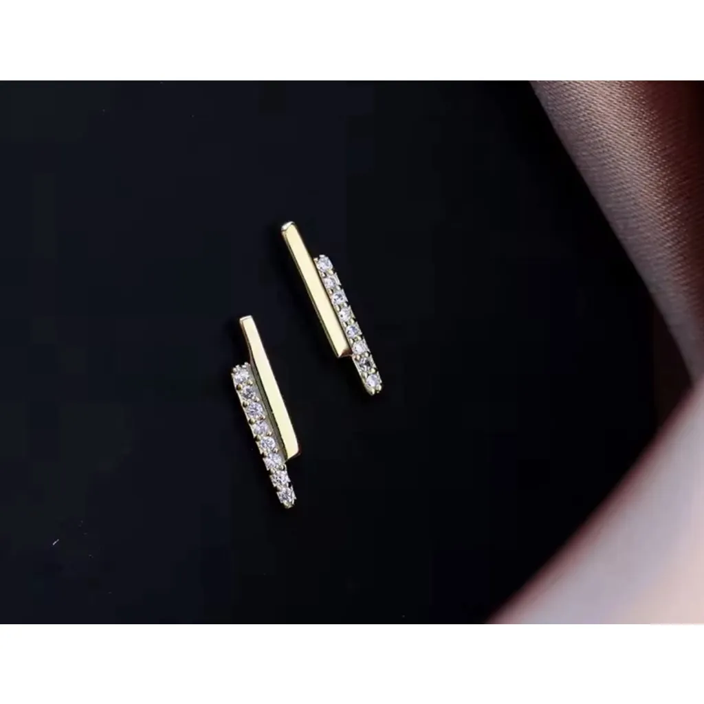 NEW Womens Gold Plated Sterling Silver‎ Bar Simulated Diamond Stud Earring, 12mm - Image 3