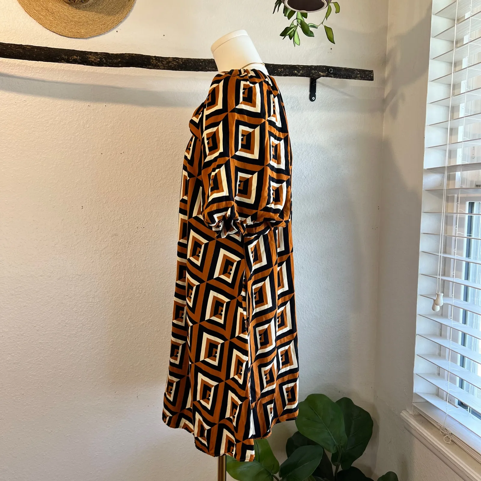 Anthropologie Corey Lynn Calter Geometric Puffed Sleeve Mod Dress Size Small Brown - Image 5