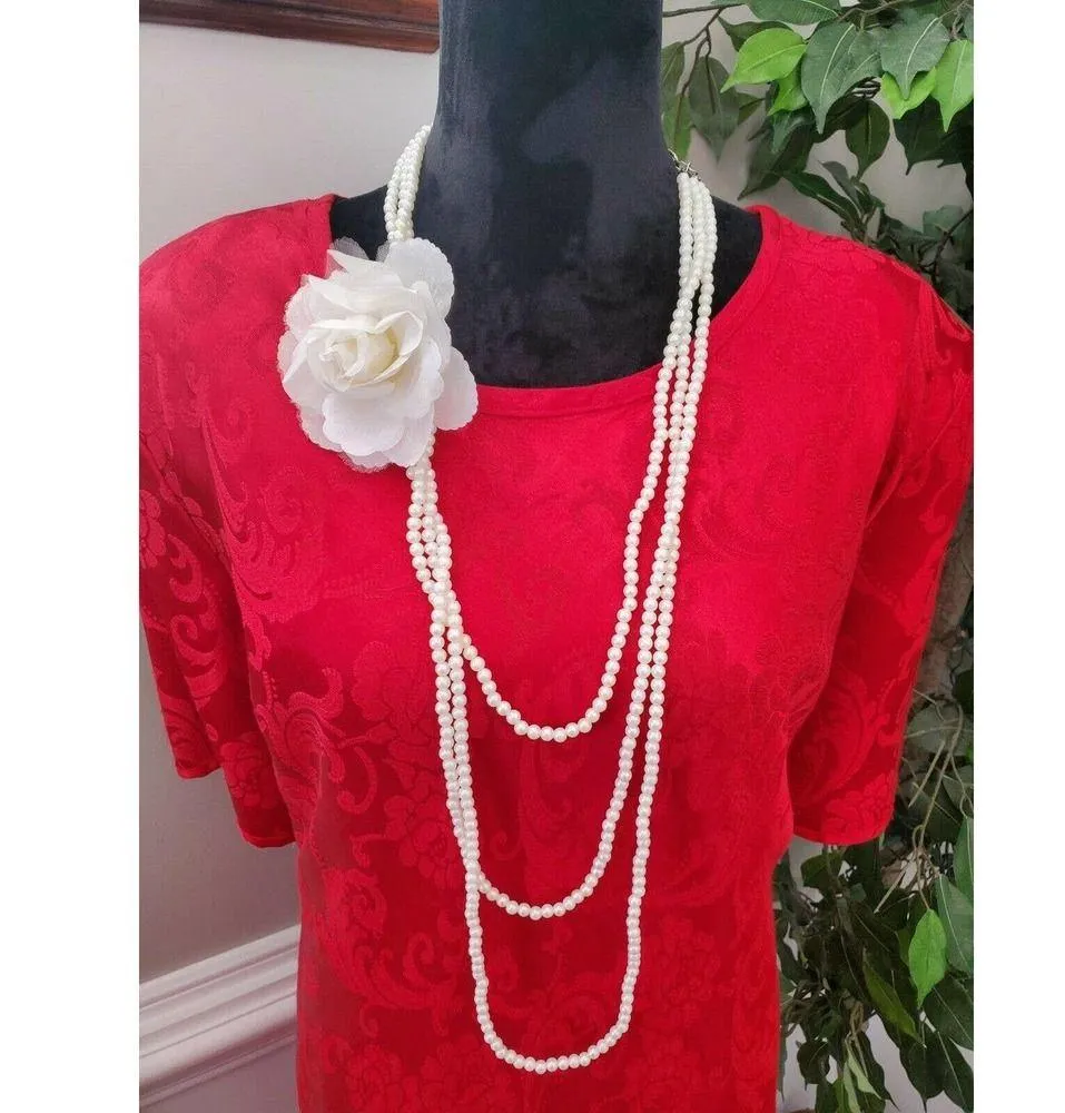 Vintage Jessica Howard Red Floral Rayon Round Neck 3/4Sleeve Knee Length Dress L - Image 2