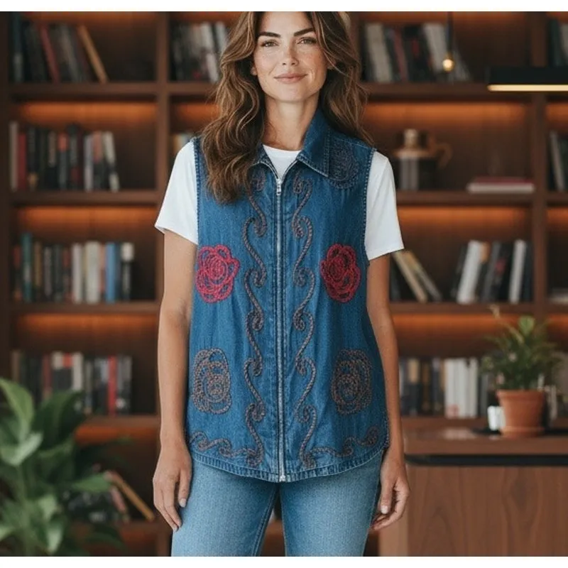 Bobbie Brooks Vest Top SZ LG Sleeveless Zip Denim Embroidered Artsy Casual Boho Blue - Image 2