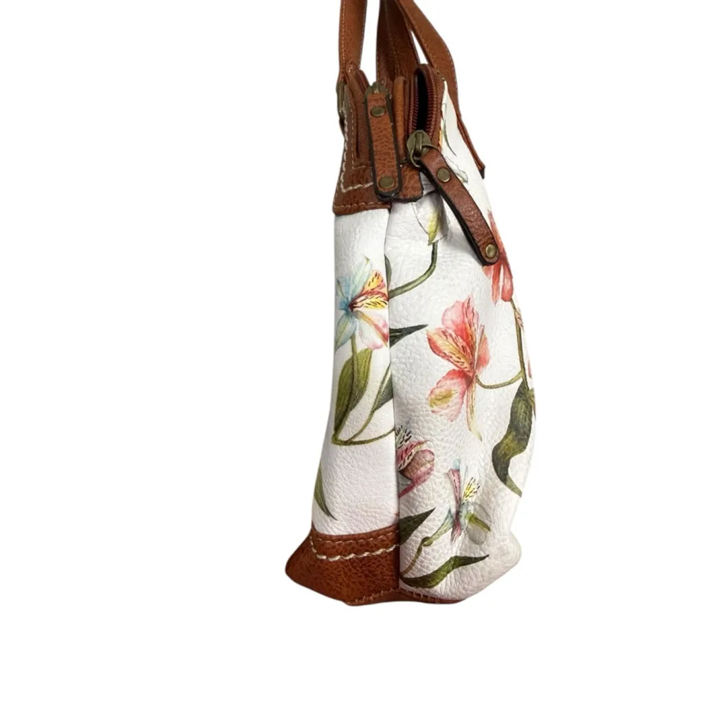 b.o.c. Floral Vinyl Shoulder Bag White Brown Zip Top Tote Purse - Image 10