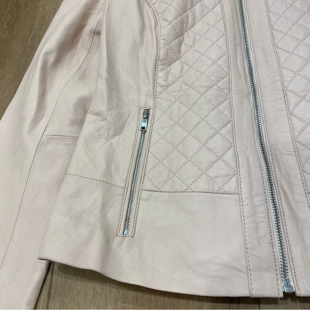 🌟COLE HAAN🌟 QUILTED JEWEL NECK ZIP UP LEATHER JACKET PINK SZ S - Image 6