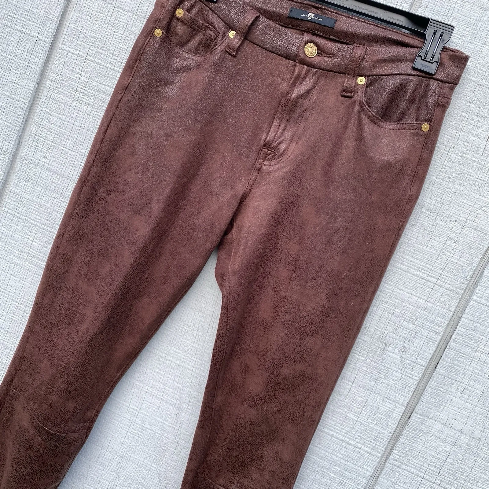 7 For All Mankind Crackled Faux Leather Brown Pants Skinny Size 27 Stretchy Soft - Image 4