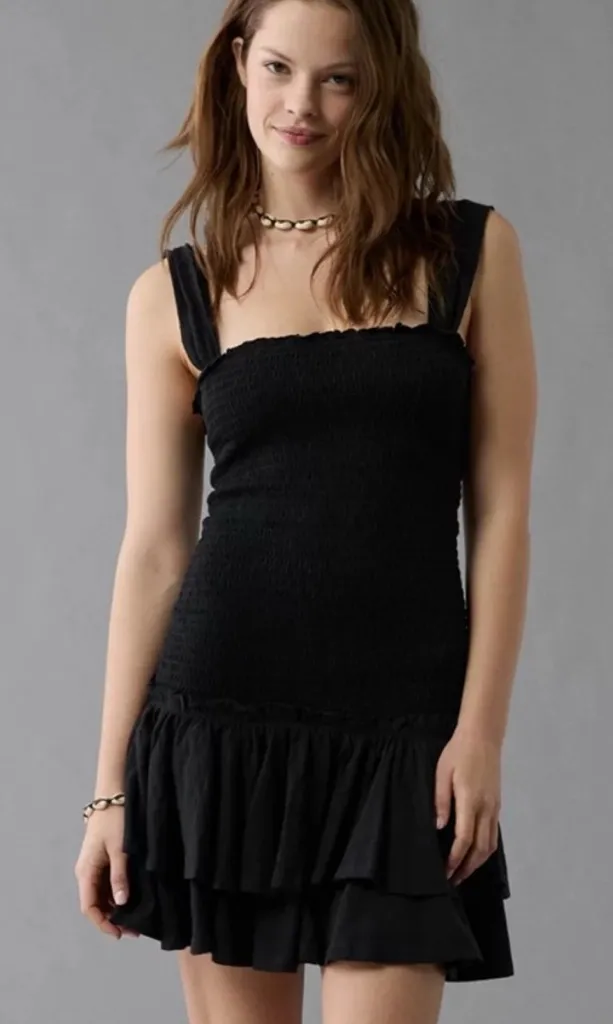 American Eagle AE Sunchaser Knit Smocked Drop Waist Mini Dress ruffle Black  - $28 - From Amanda