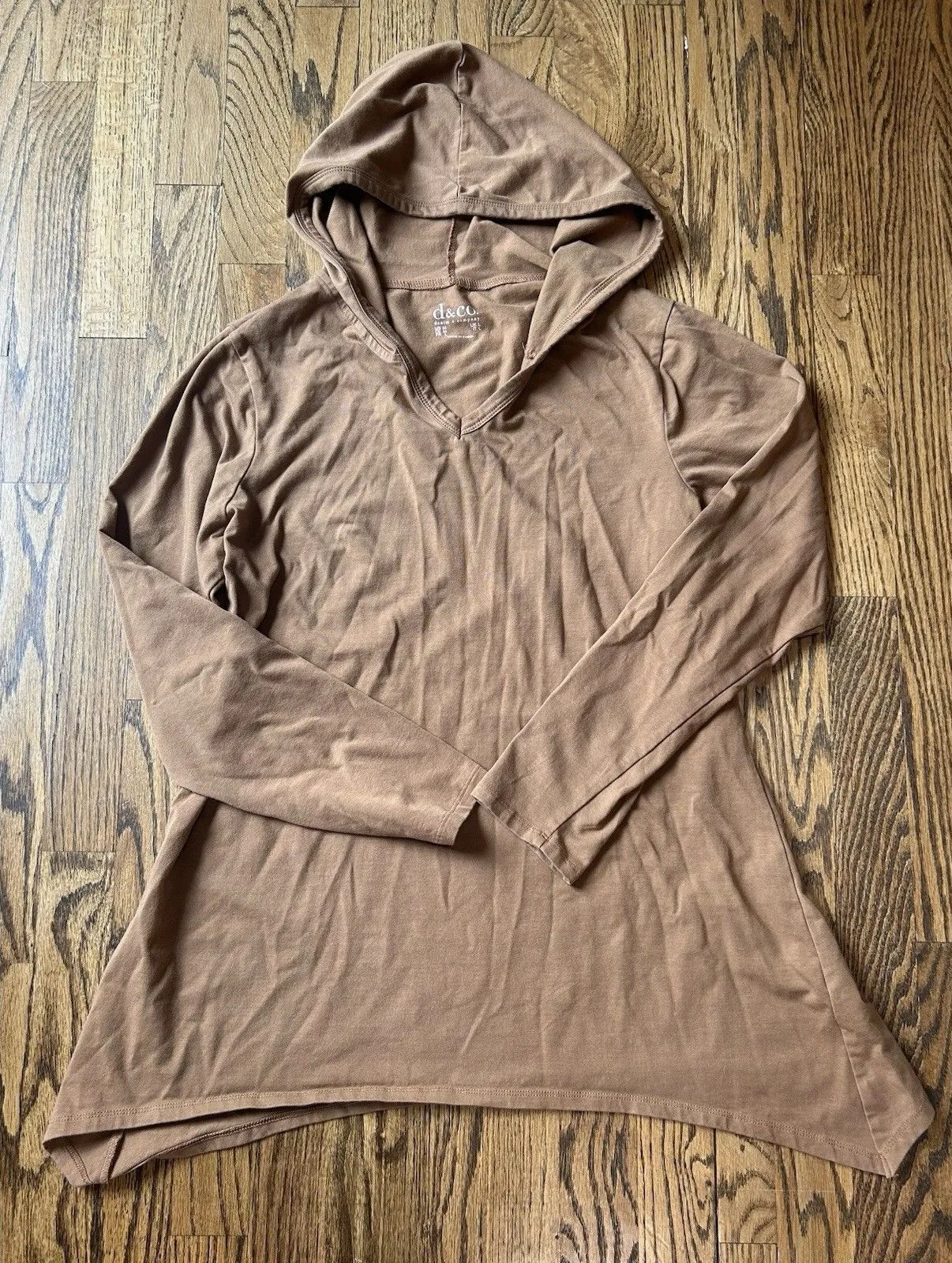 Denim & Co. Comfort Zone Light Brown V Neck Long Sleeve Hooded Pullover Size M Size M - Image 1