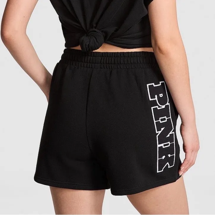 PINK VICTORIA’S SECRET Ivy Fleece Sweat Shorts High Rise Black White Logo M - Image 2