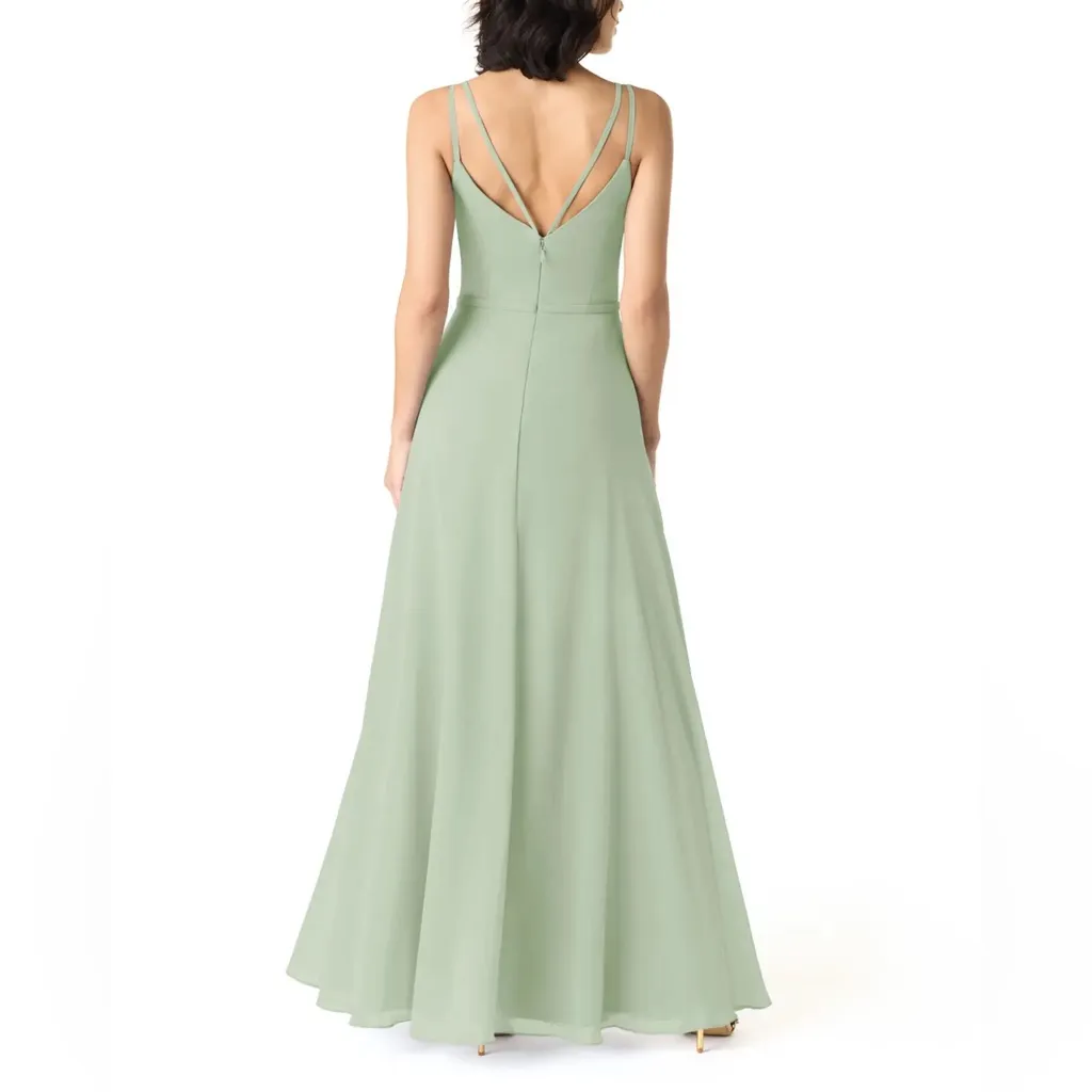 NWT Azazie Janine Bridesmaid Dress Size A6 Dusty Sage Green V Neck Chiffon Gown - Image 4