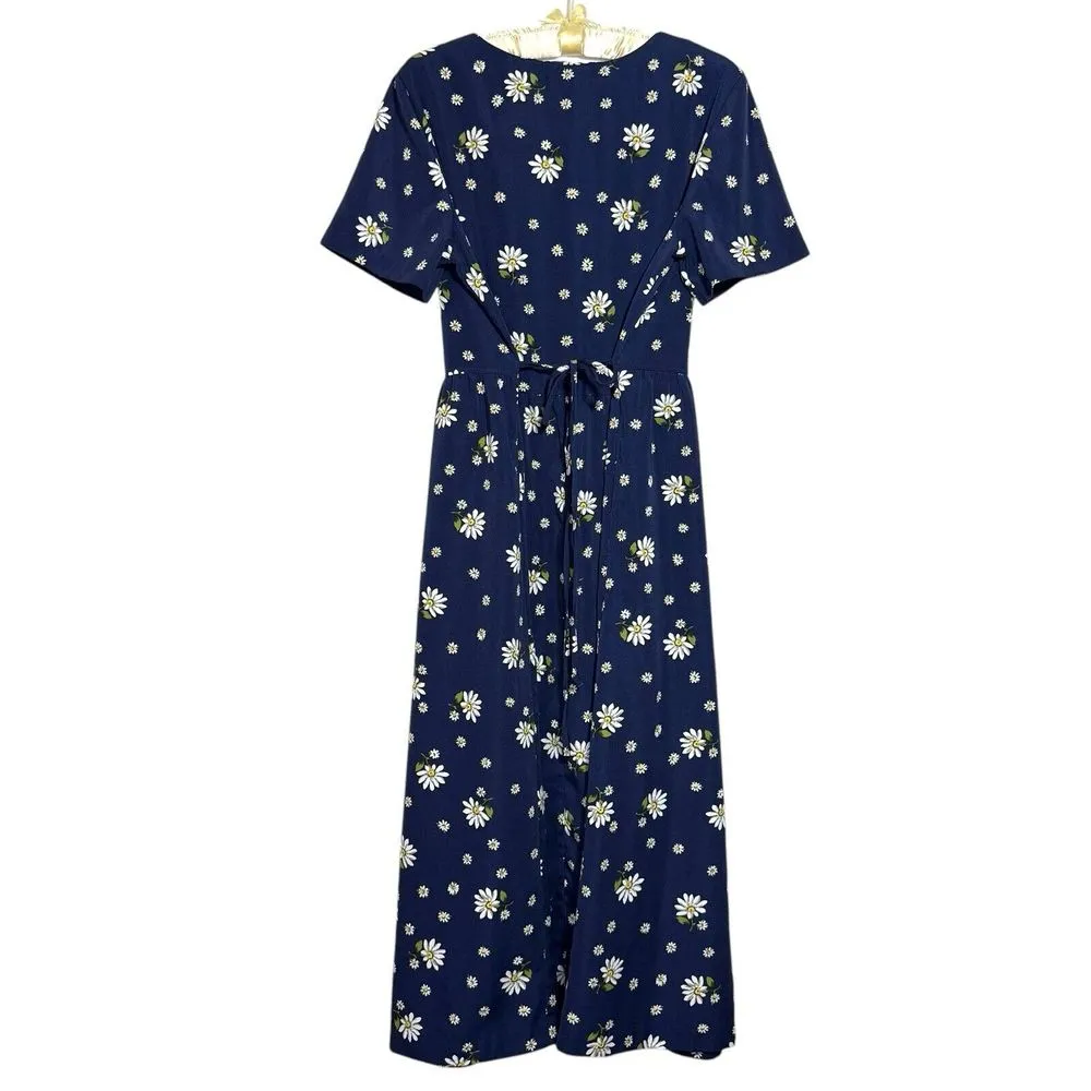 Vintage Dress M Daisy Ditsy‎ Floral Midi Tie Back Shirt Dress Pockets Modest - Image 5